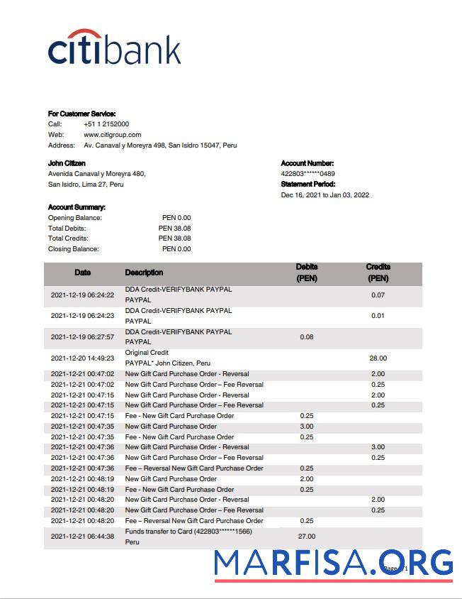 Downloadable Peru Citibank bank statement word version 2 example